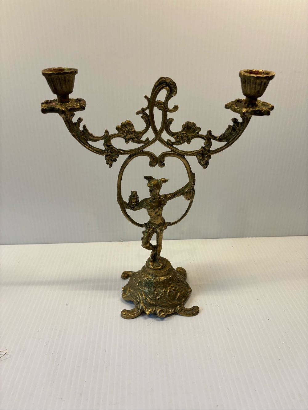 Ornate brassTwo-Arm Decorative Candle Holder Joker with Owl 1960’s